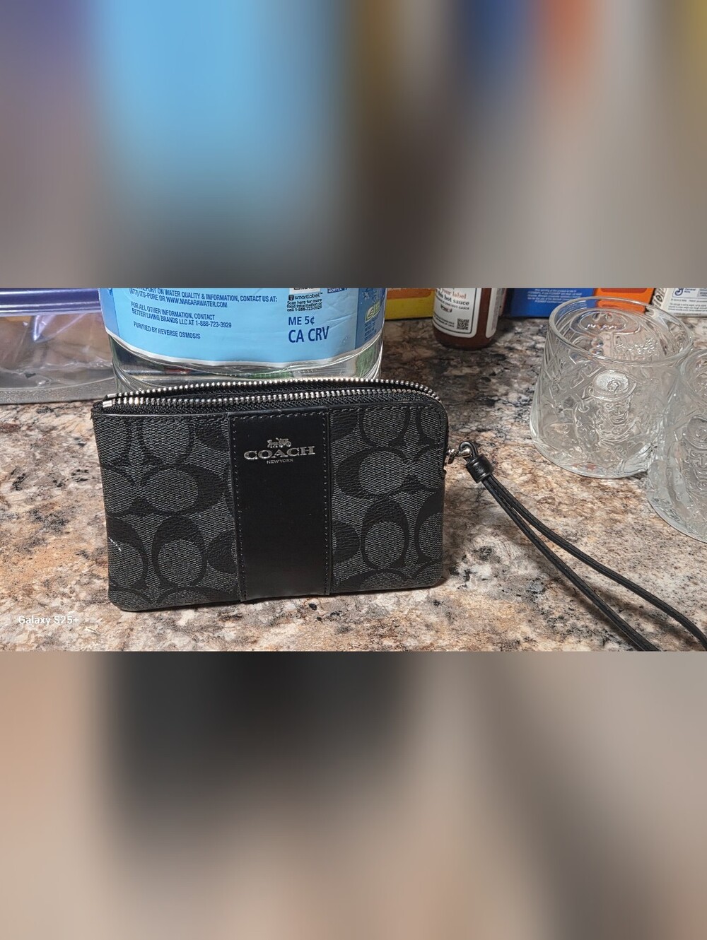 Coach Black Signature Wristlet with Leather Trim
